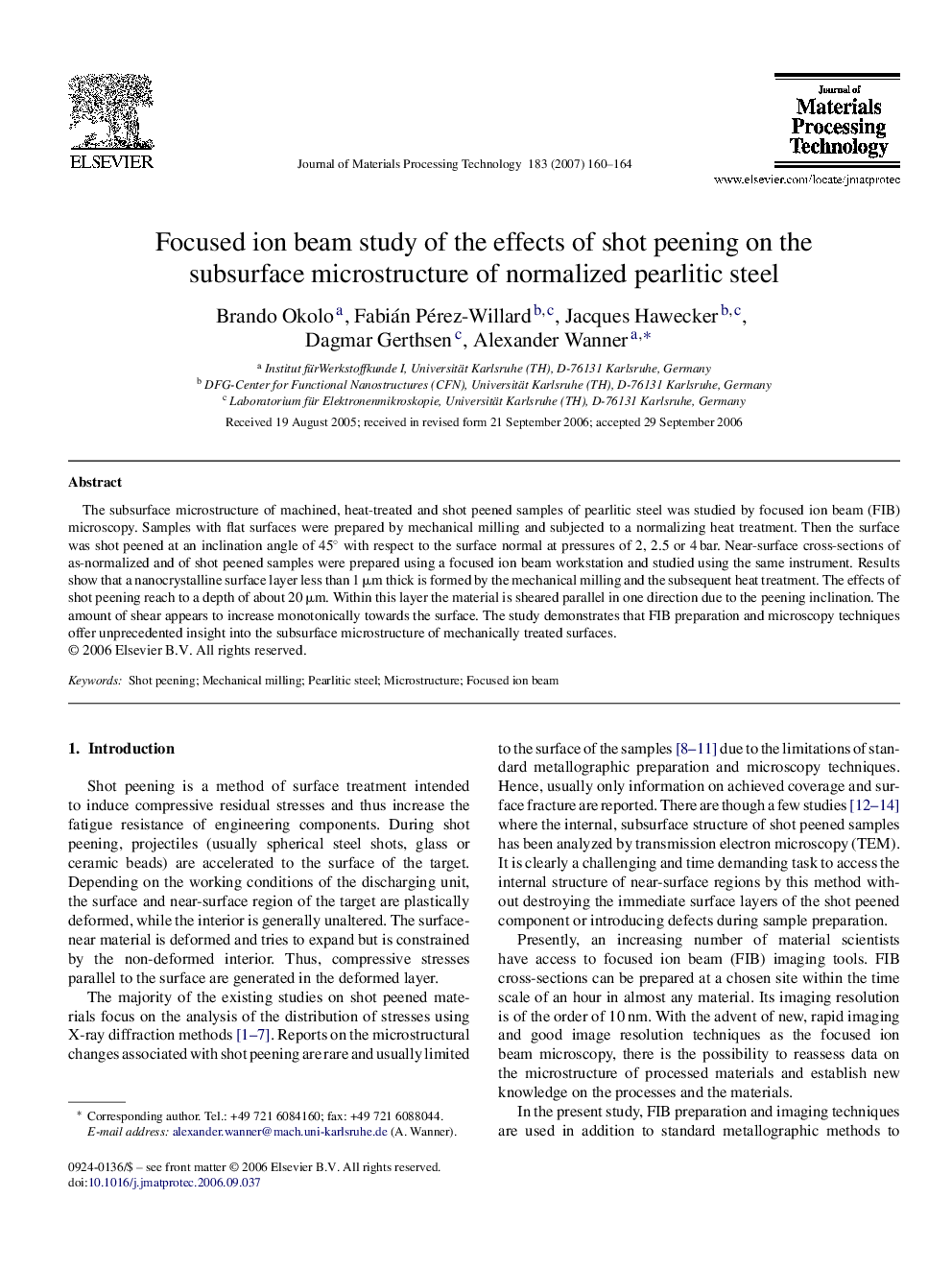 Focused ion beam study of the effects of shot peening on the subsurface microstructure of normalized pearlitic steel