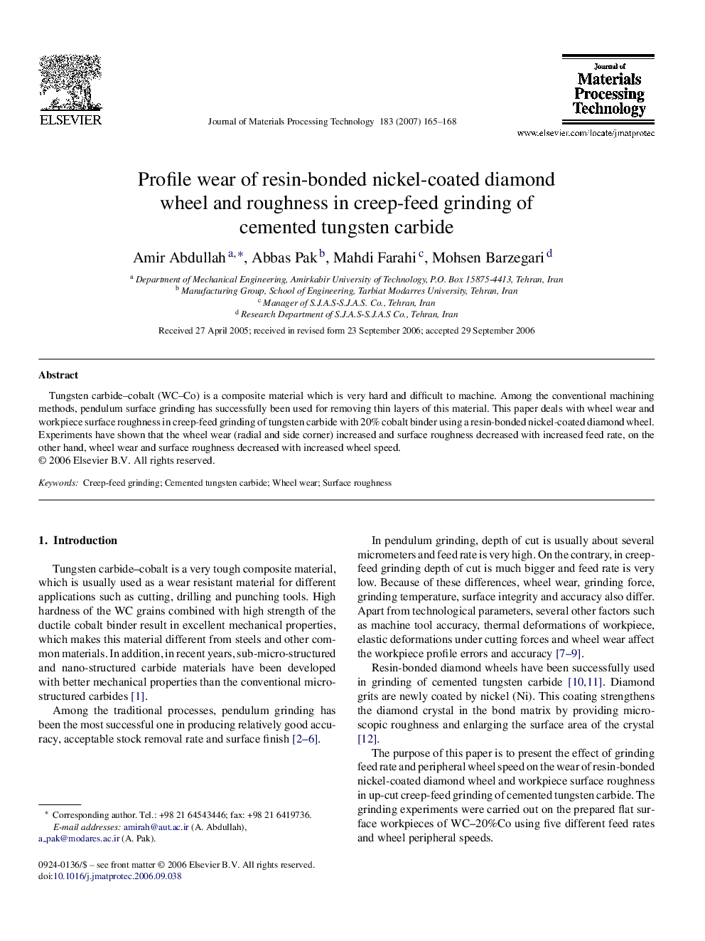 Profile wear of resin-bonded nickel-coated diamond wheel and roughness in creep-feed grinding of cemented tungsten carbide