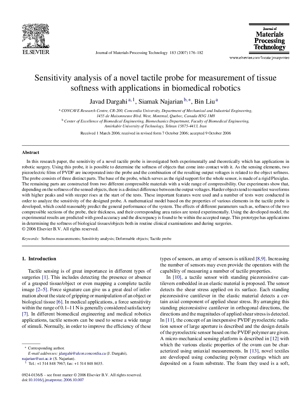 Sensitivity analysis of a novel tactile probe for measurement of tissue softness with applications in biomedical robotics