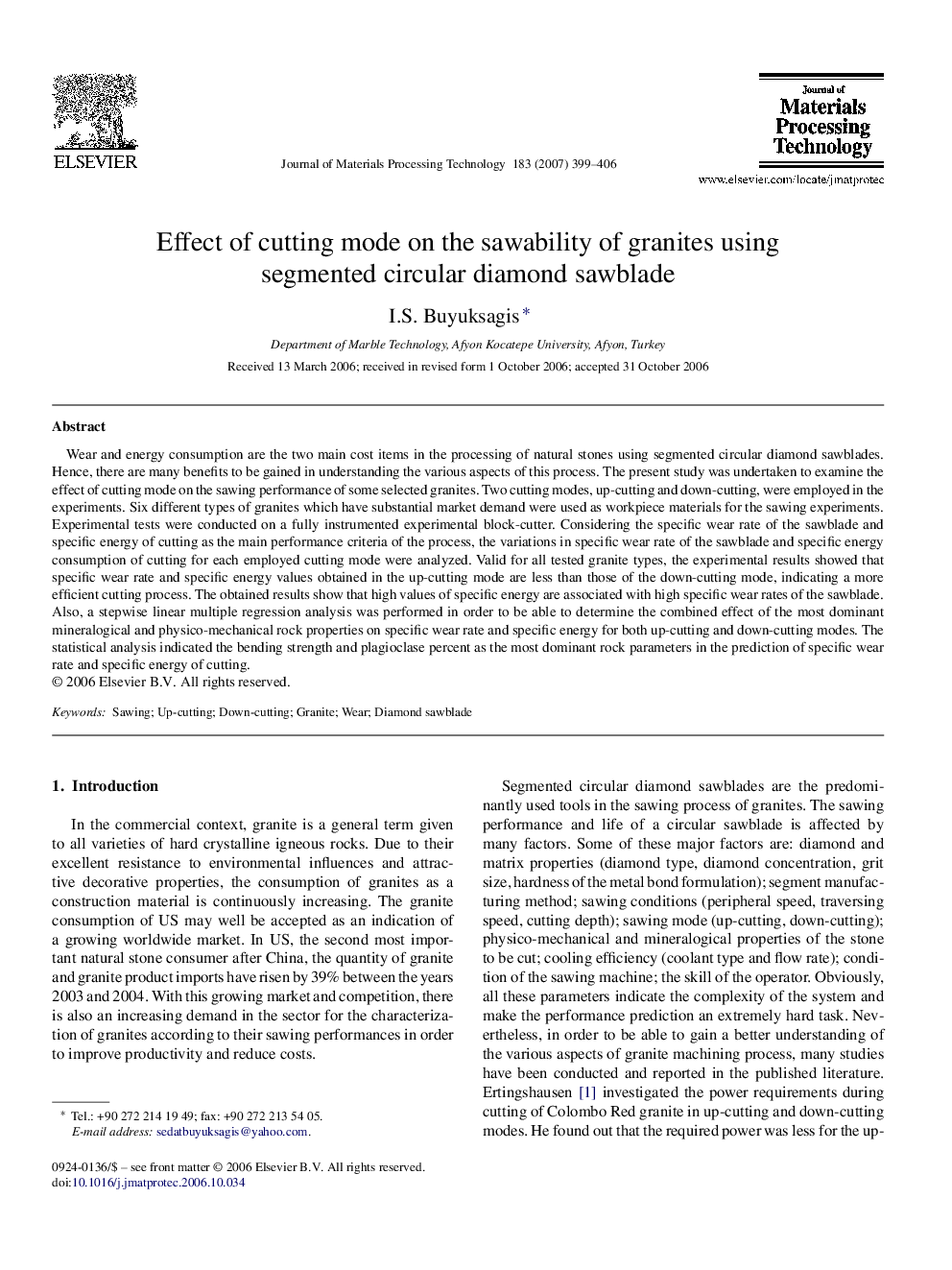 Effect of cutting mode on the sawability of granites using segmented circular diamond sawblade