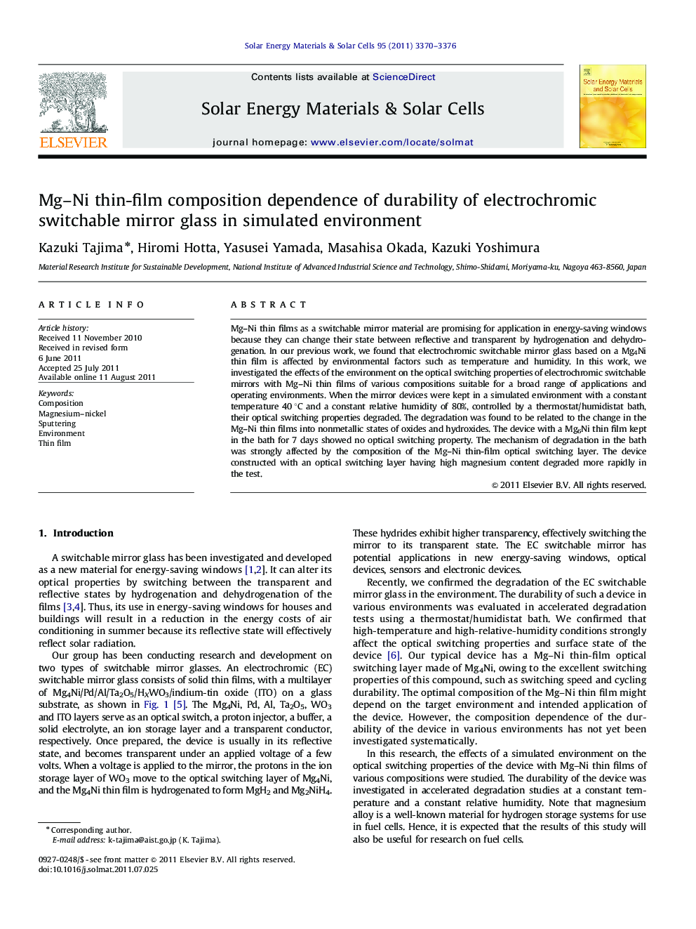 Mg–Ni thin-film composition dependence of durability of electrochromic switchable mirror glass in simulated environment