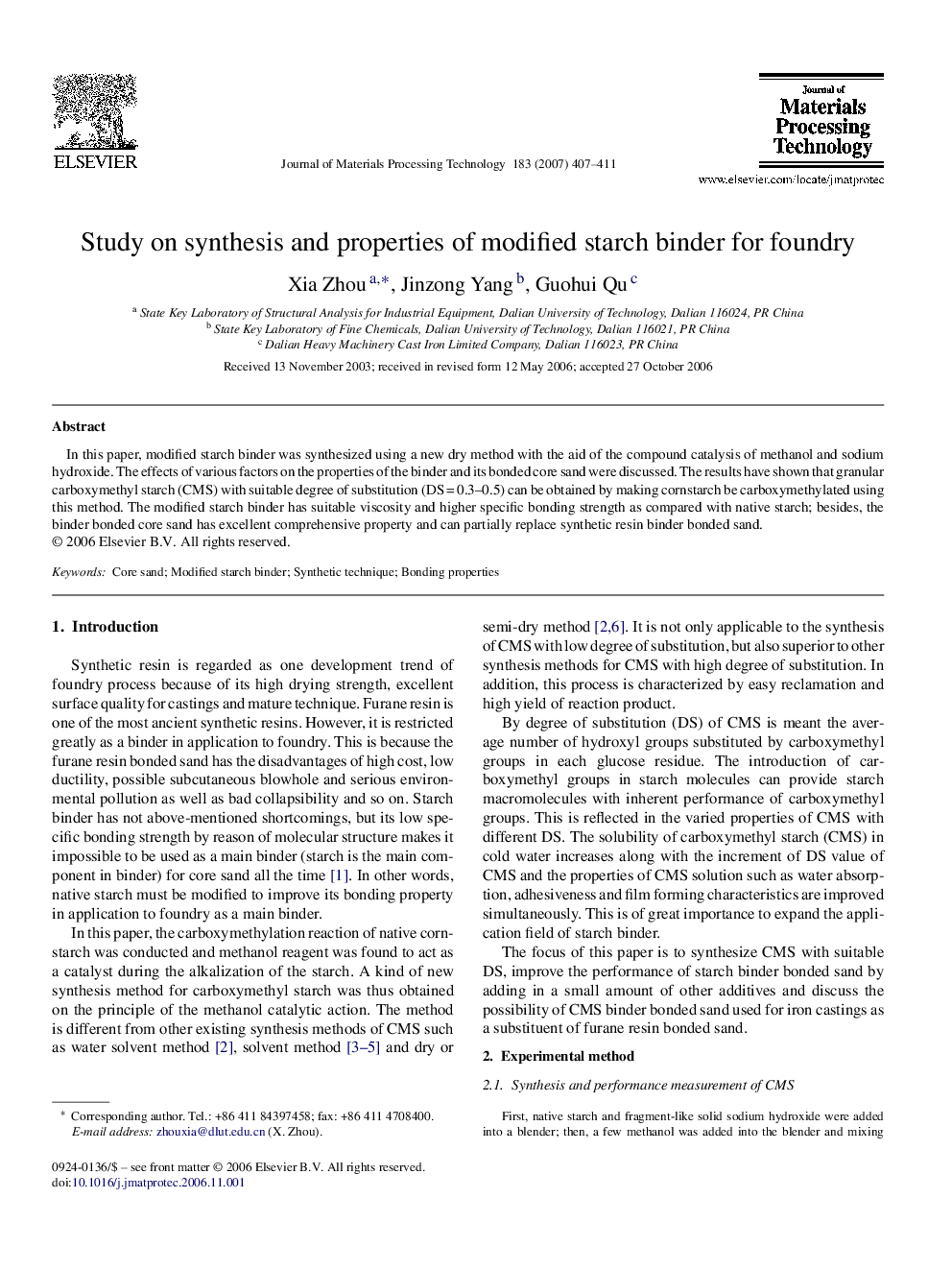 Study on synthesis and properties of modified starch binder for foundry