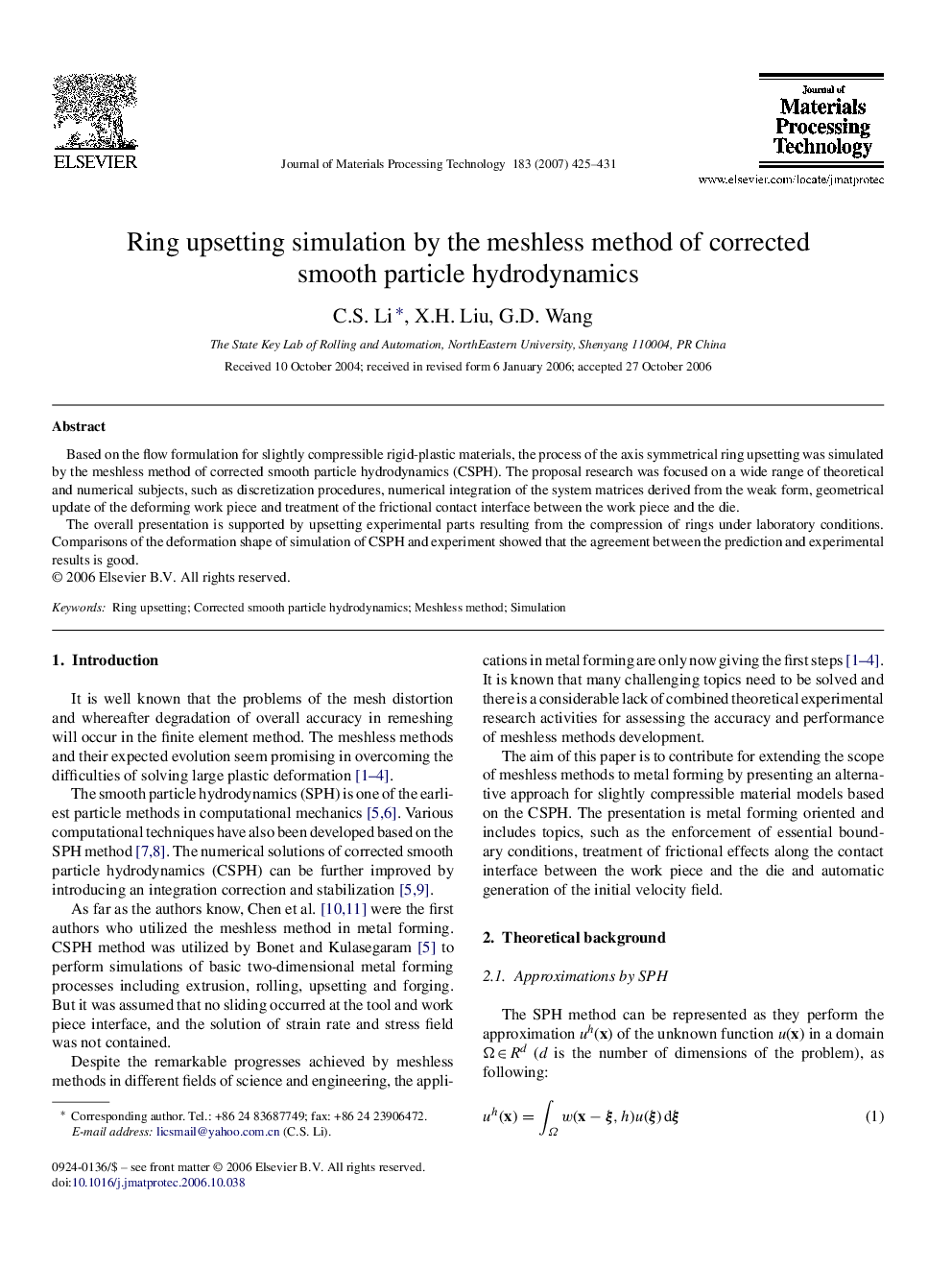 Ring upsetting simulation by the meshless method of corrected smooth particle hydrodynamics