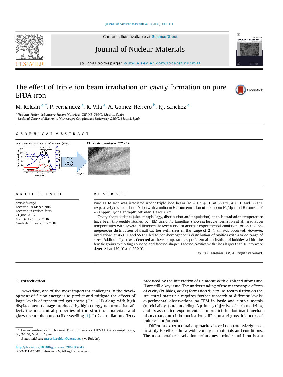 عکس صفحه اول مقاله: The effect of triple ion beam irradiation on cavity formation on pure EFDA iron The effect of triple ion beam irradiation on cavity formation on pure EFDA iron