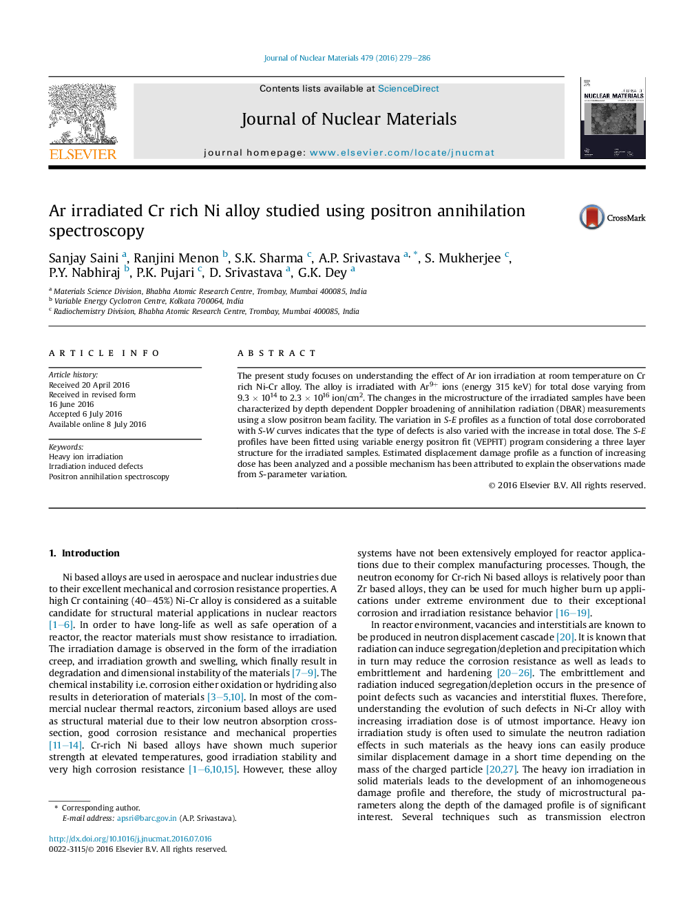عکس صفحه اول مقاله: Ar irradiated Cr rich Ni alloy studied using positron annihilation spectroscopy Ar irradiated Cr rich Ni alloy studied using positron annihilation spectroscopy