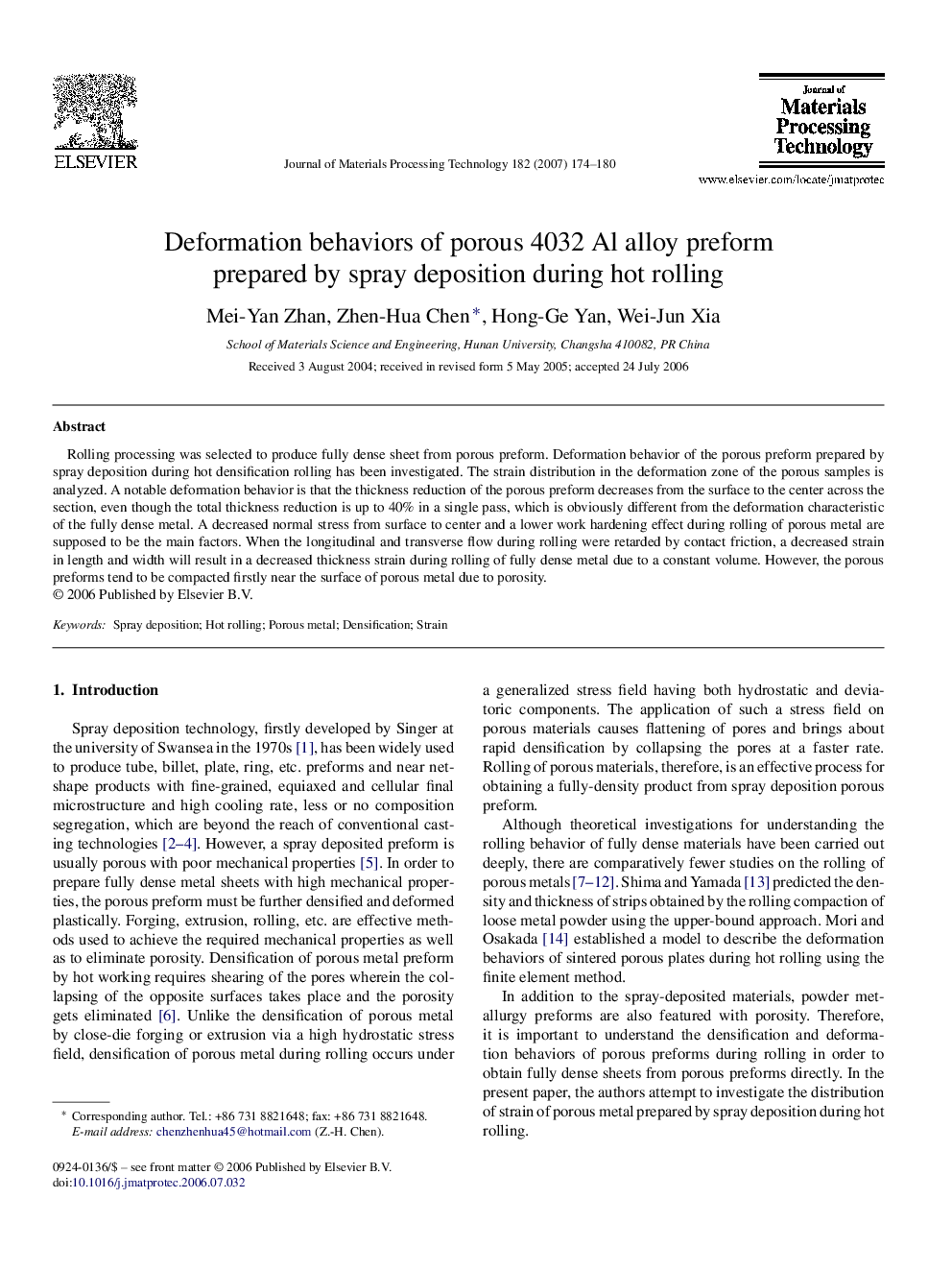 Deformation behaviors of porous 4032 Al alloy preform prepared by spray deposition during hot rolling