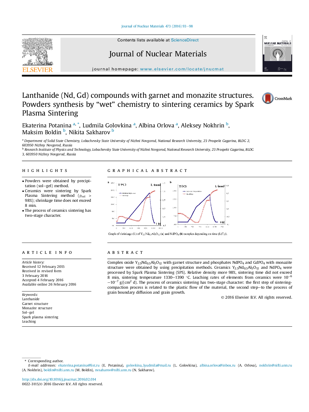 Lanthanide (Nd, Gd) compounds with garnet and monazite structures. Powders synthesis by “wet” chemistry to sintering ceramics by Spark Plasma Sintering