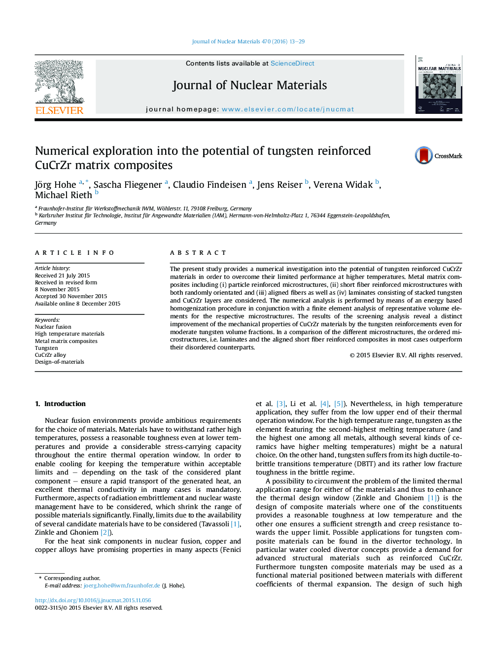 Numerical exploration into the potential of tungsten reinforced CuCrZr matrix composites