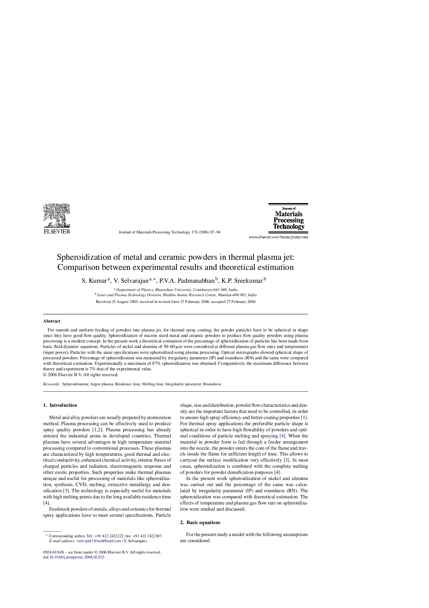 Spheroidization of metal and ceramic powders in thermal plasma jet: Comparison between experimental results and theoretical estimation