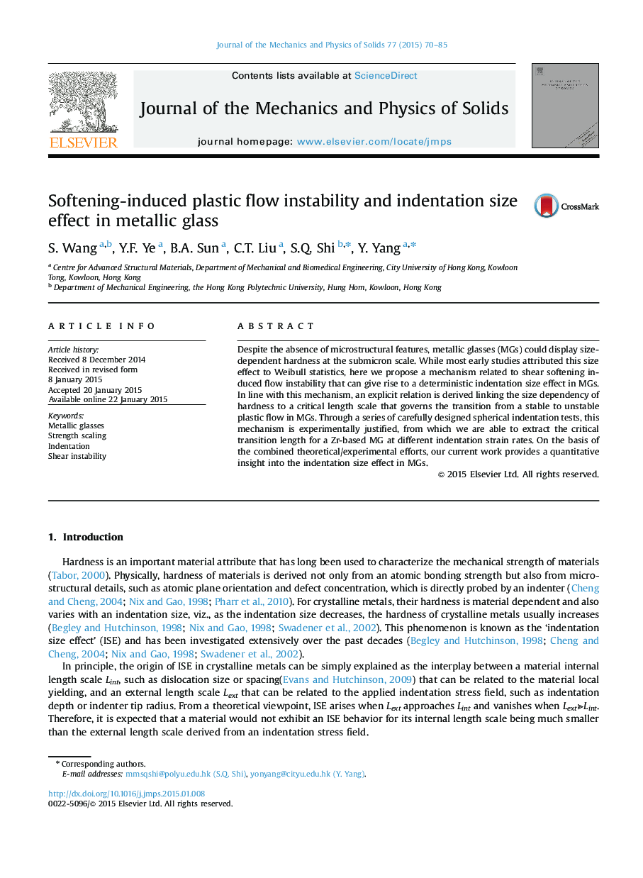 Softening-induced plastic flow instability and indentation size effect in metallic glass