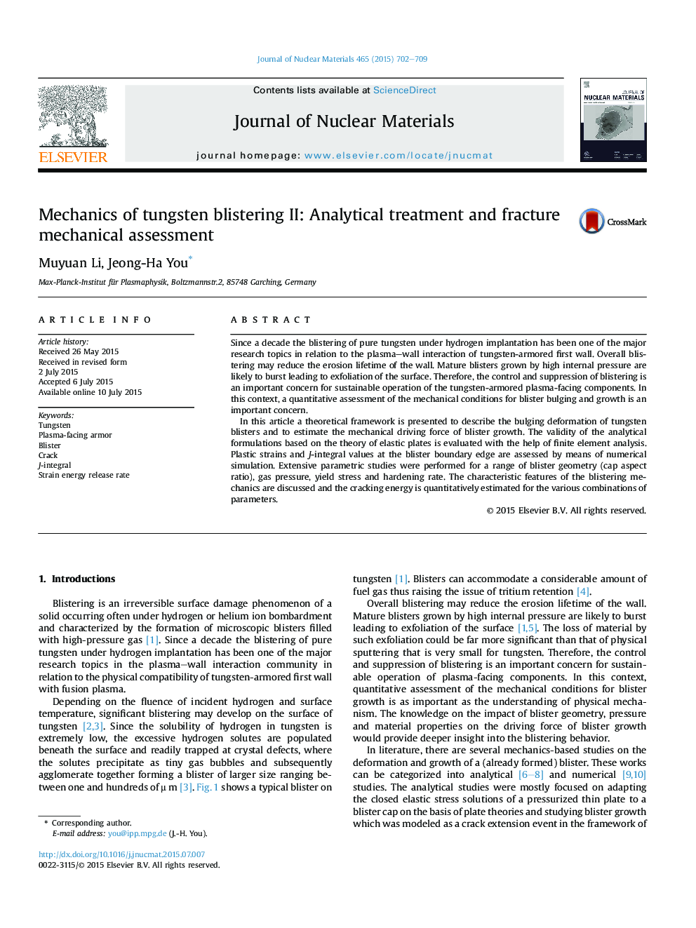 Mechanics of tungsten blistering II: Analytical treatment and fracture mechanical assessment