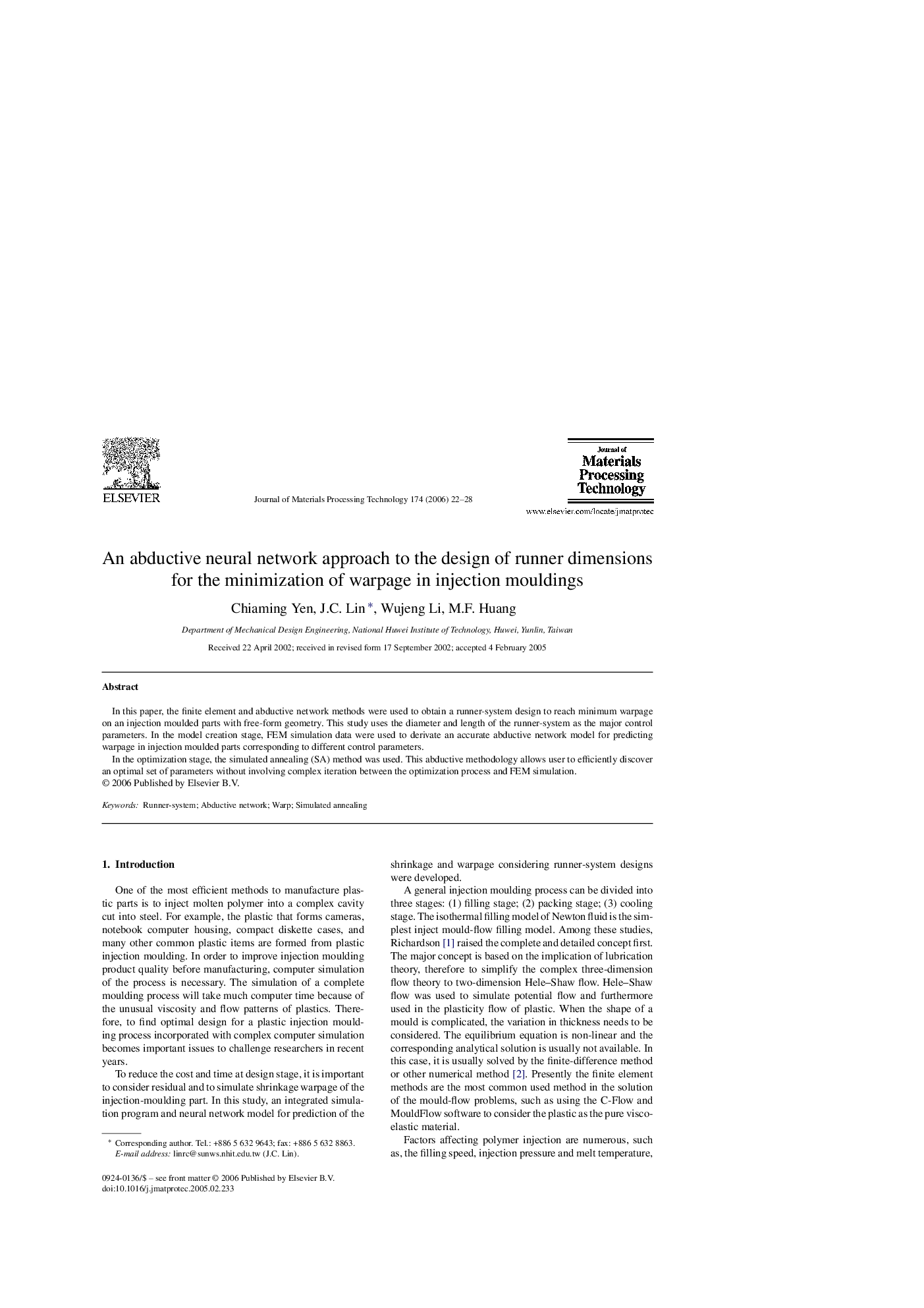 An abductive neural network approach to the design of runner dimensions for the minimization of warpage in injection mouldings