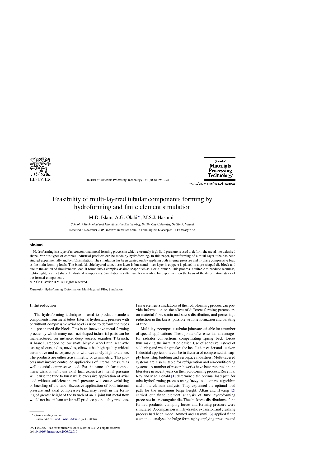 Feasibility of multi-layered tubular components forming by hydroforming and finite element simulation