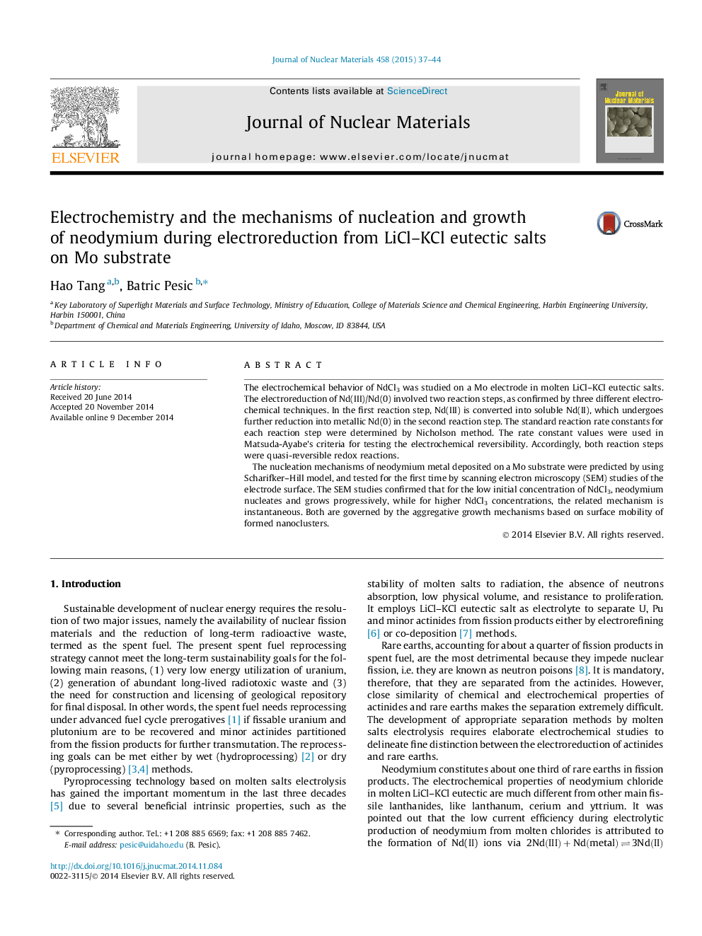 Electrochemistry and the mechanisms of nucleation and growth of neodymium during electroreduction from LiCl-KCl eutectic salts on Mo substrate