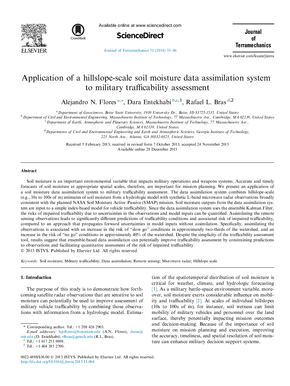 Application of a hillslope-scale soil moisture data assimilation system to military trafficability assessment