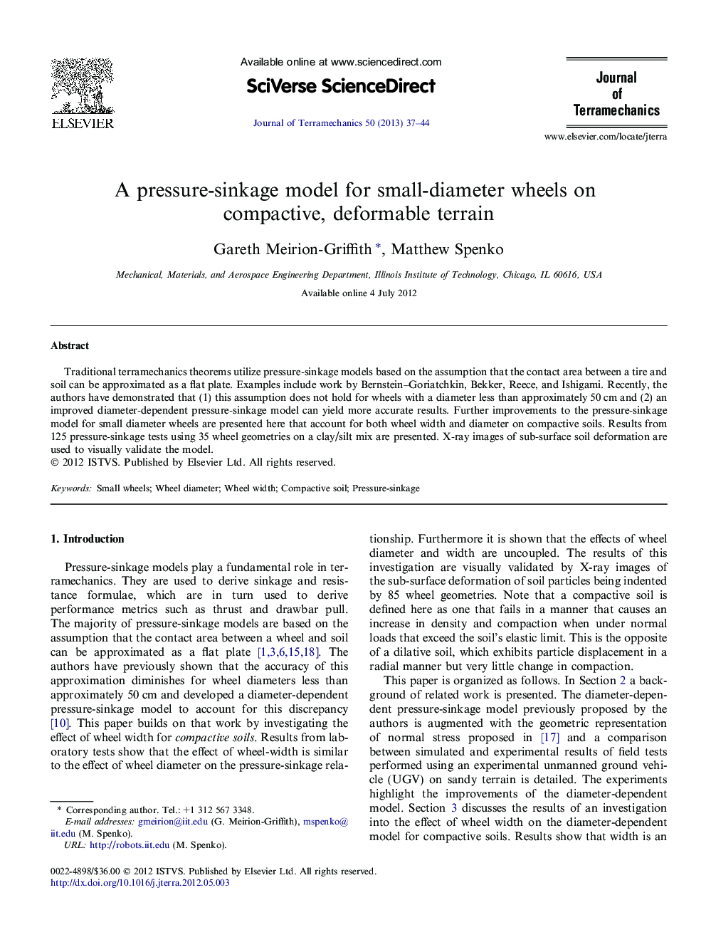 A pressure-sinkage model for small-diameter wheels on compactive, deformable terrain