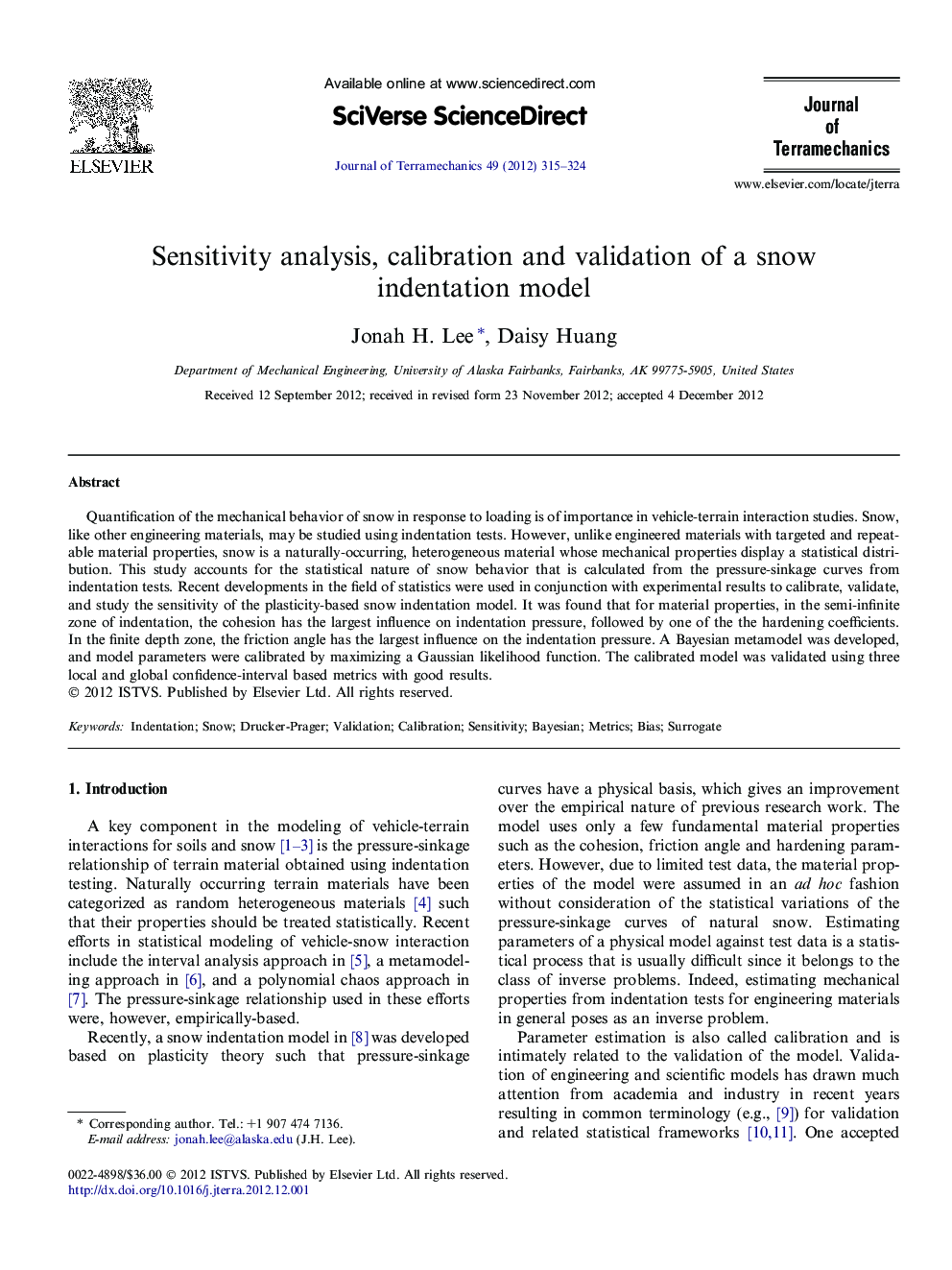 Sensitivity analysis, calibration and validation of a snow indentation model