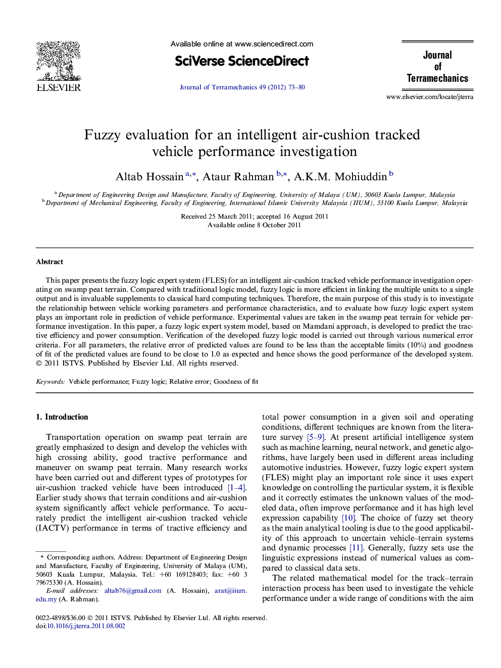 Fuzzy evaluation for an intelligent air-cushion tracked vehicle performance investigation