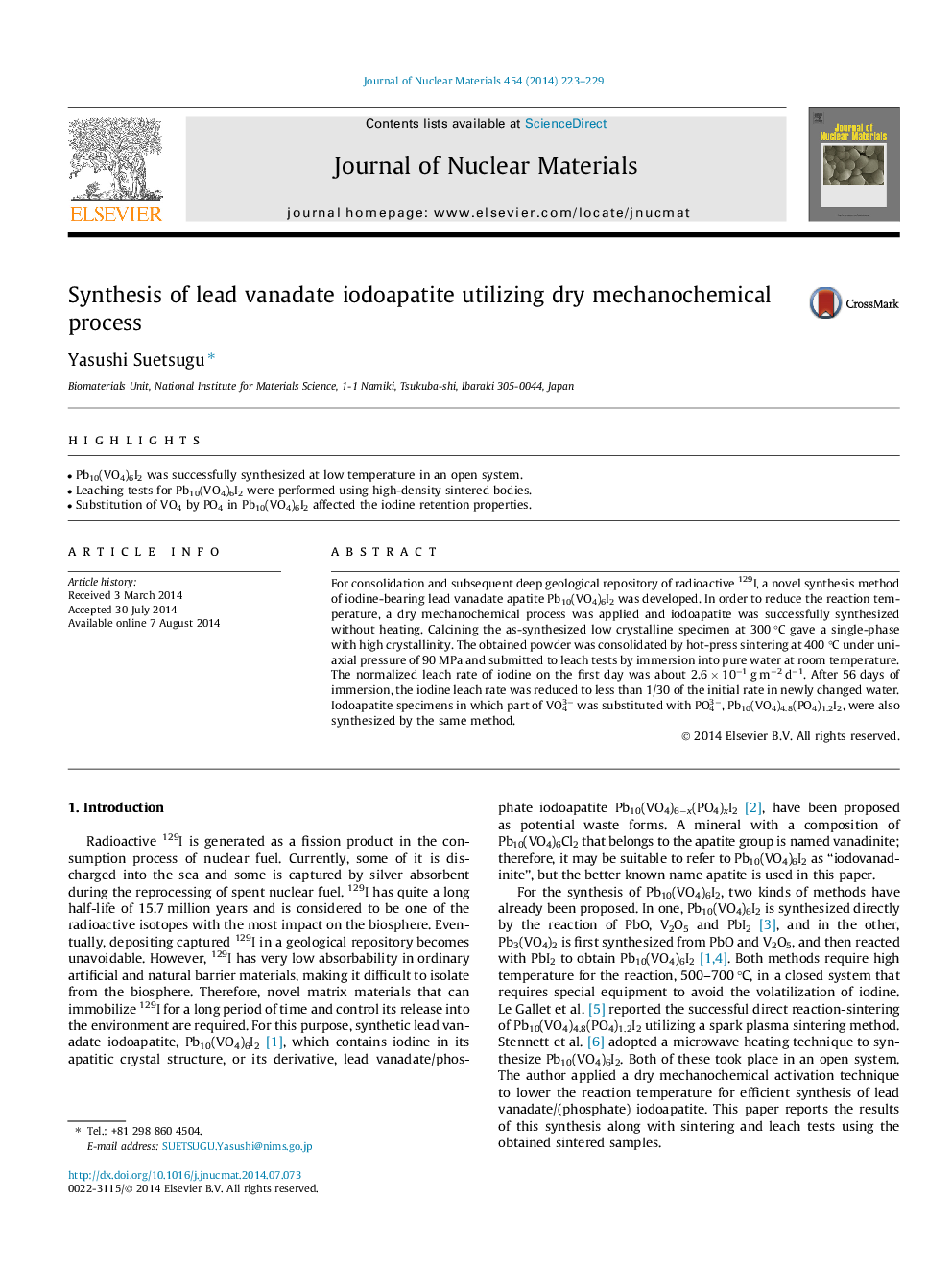 Synthesis of lead vanadate iodoapatite utilizing dry mechanochemical process