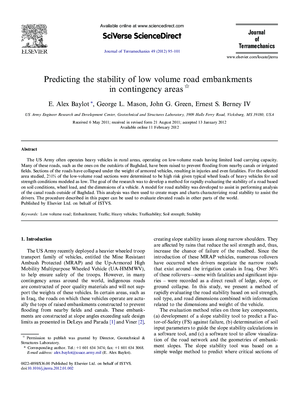 Predicting the stability of low volume road embankments in contingency areas 