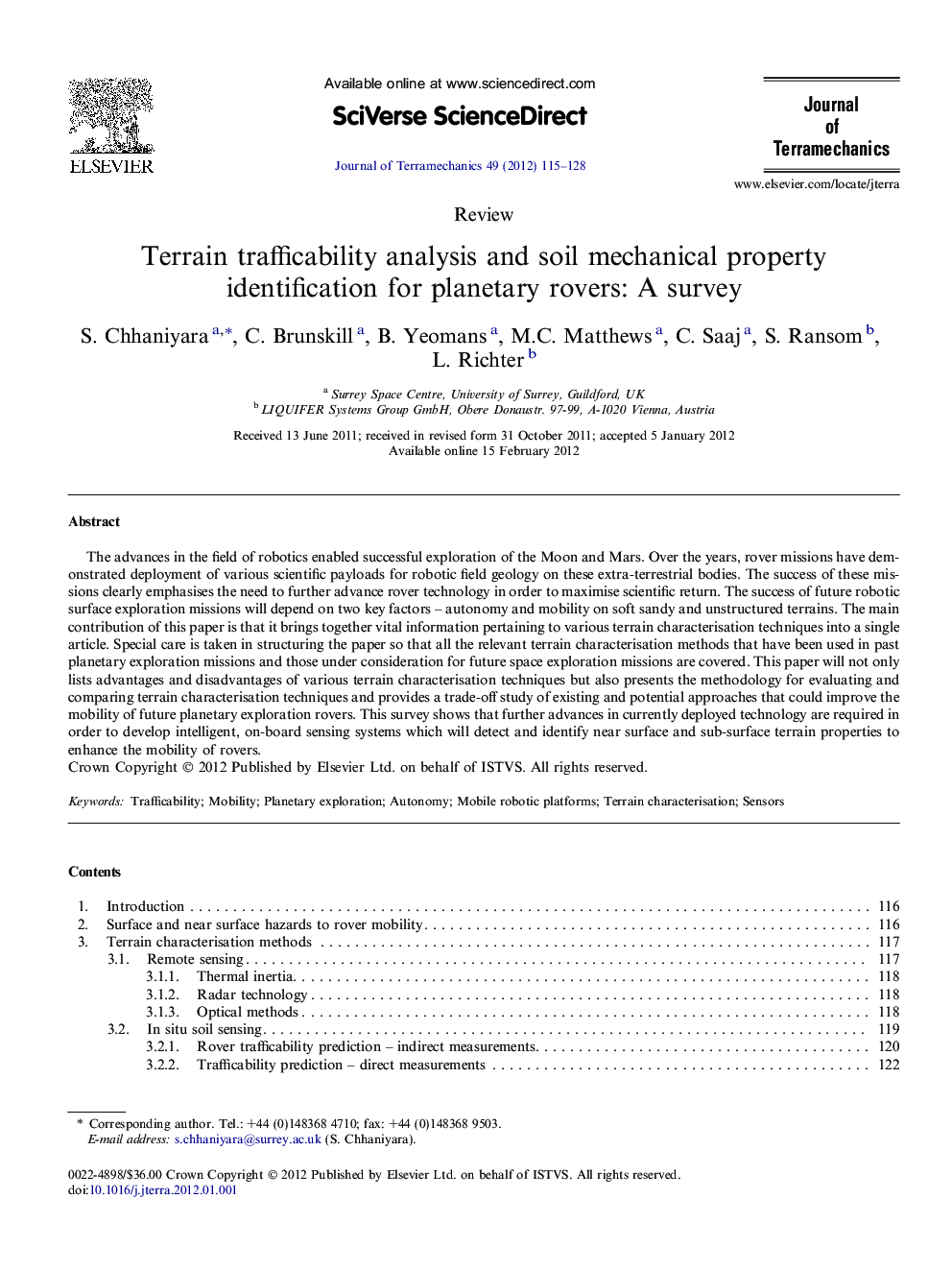 Terrain trafficability analysis and soil mechanical property identification for planetary rovers: A survey