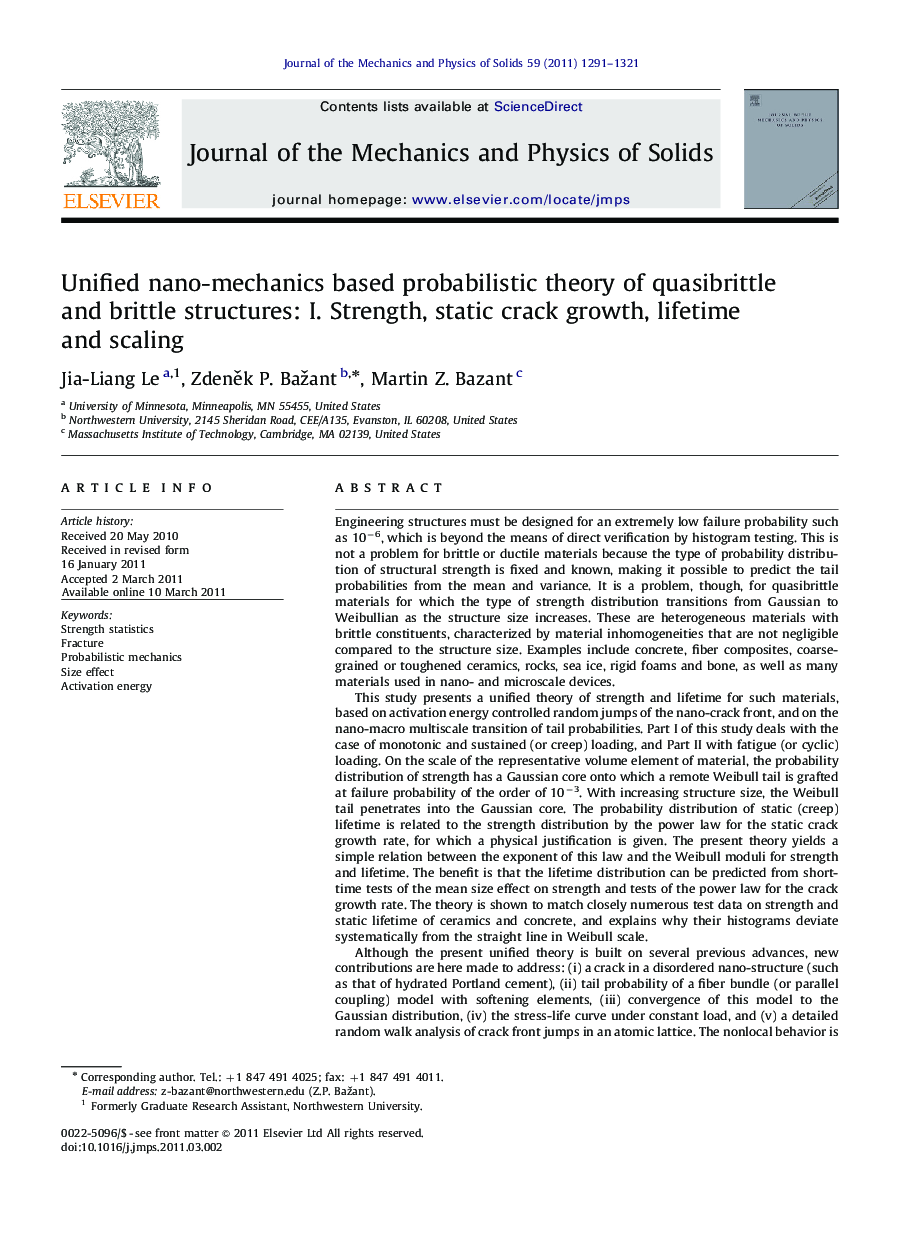 Unified nano-mechanics based probabilistic theory of quasibrittle and brittle structures: I. Strength, static crack growth, lifetime and scaling