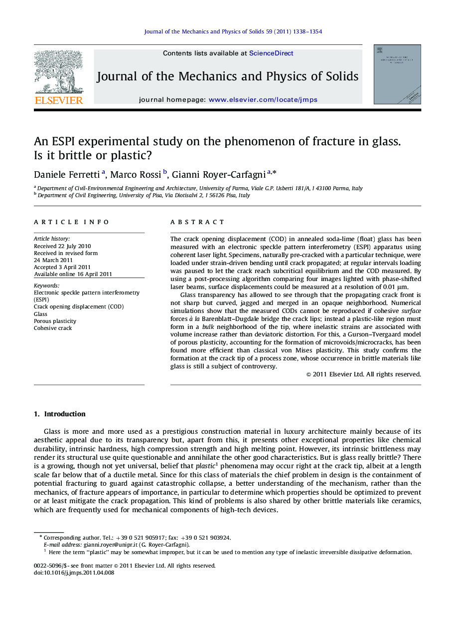 An ESPI experimental study on the phenomenon of fracture in glass. Is it brittle or plastic?