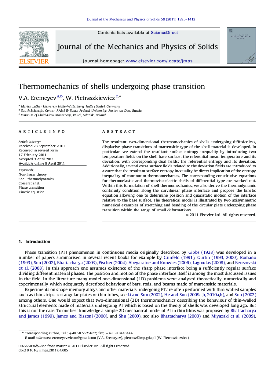 Thermomechanics of shells undergoing phase transition