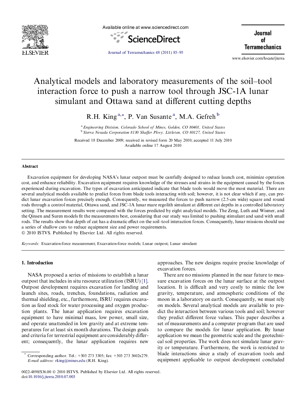 Analytical models and laboratory measurements of the soil–tool interaction force to push a narrow tool through JSC-1A lunar simulant and Ottawa sand at different cutting depths