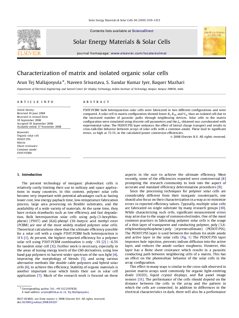 Characterization of matrix and isolated organic solar cells