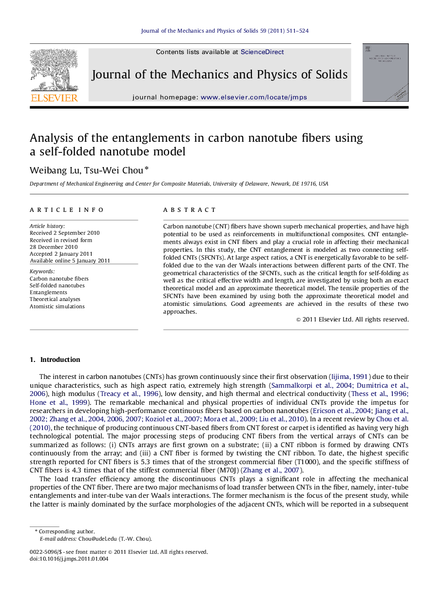 Analysis of the entanglements in carbon nanotube fibers using a self-folded nanotube model