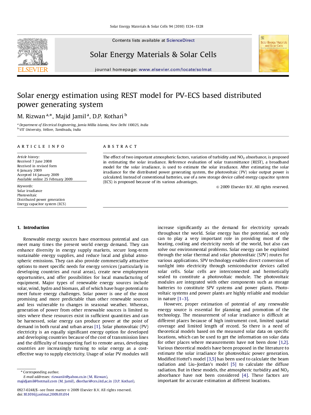 Solar energy estimation using REST model for PV-ECS based distributed power generating system