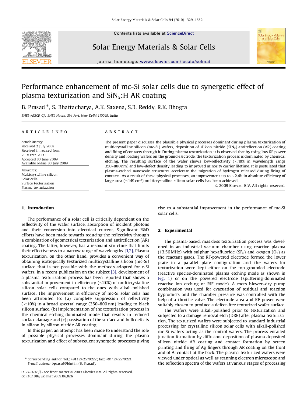 Performance enhancement of mc-Si solar cells due to synergetic effect of plasma texturization and SiNx:H AR coating