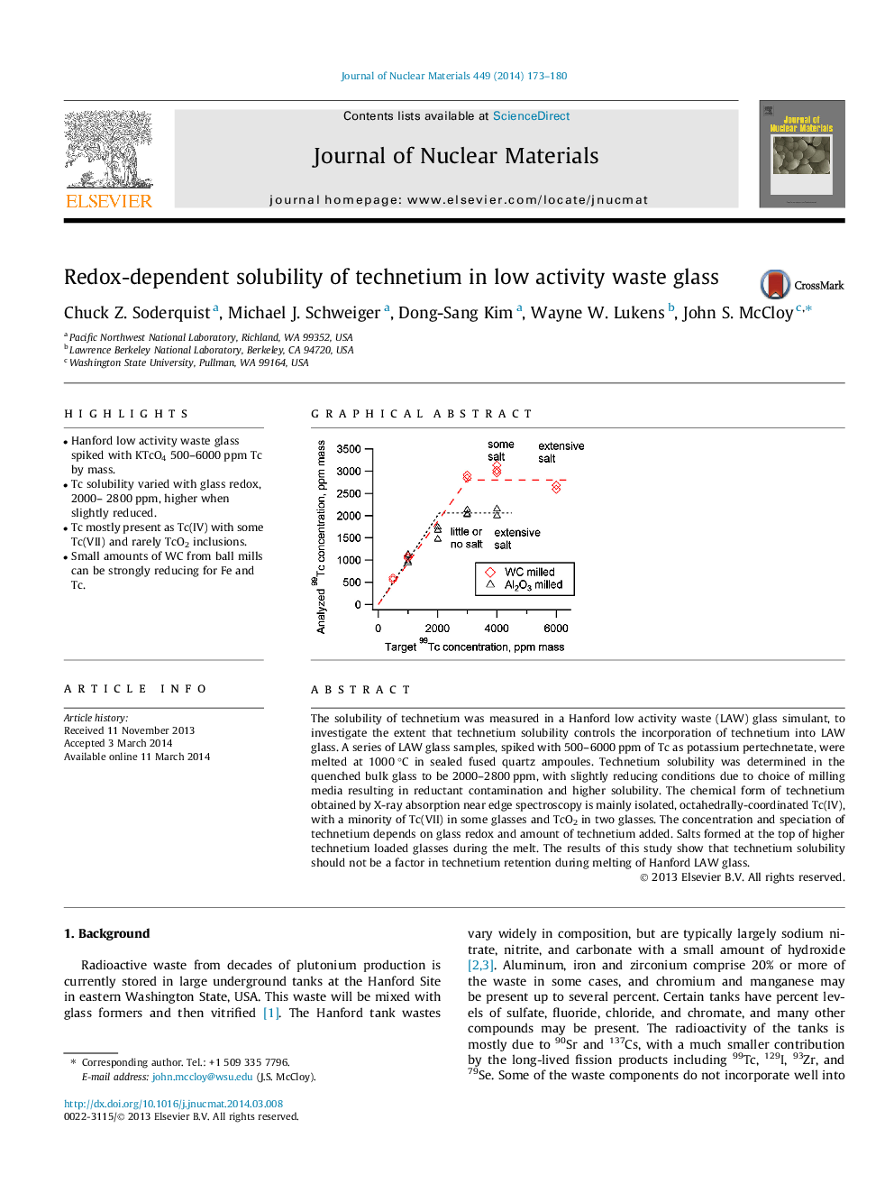عکس صفحه اول مقاله: Redox-dependent solubility of technetium in low activity waste glass Redox-dependent solubility of technetium in low activity waste glass