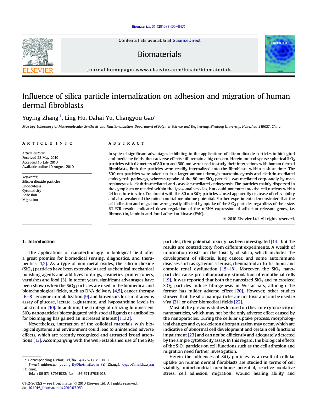 Influence of silica particle internalization on adhesion and migration of human dermal fibroblasts