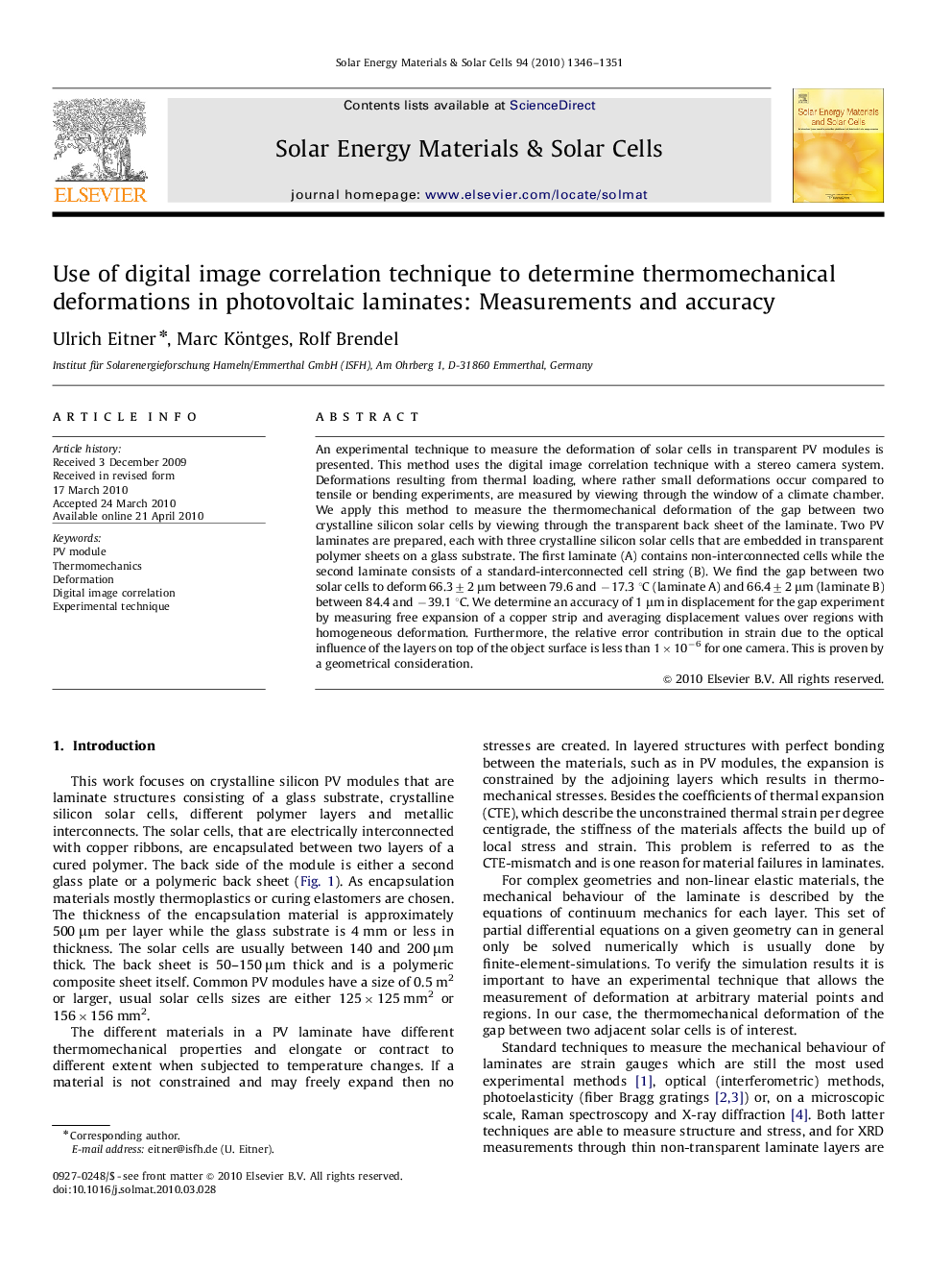 Use of digital image correlation technique to determine thermomechanical deformations in photovoltaic laminates: Measurements and accuracy