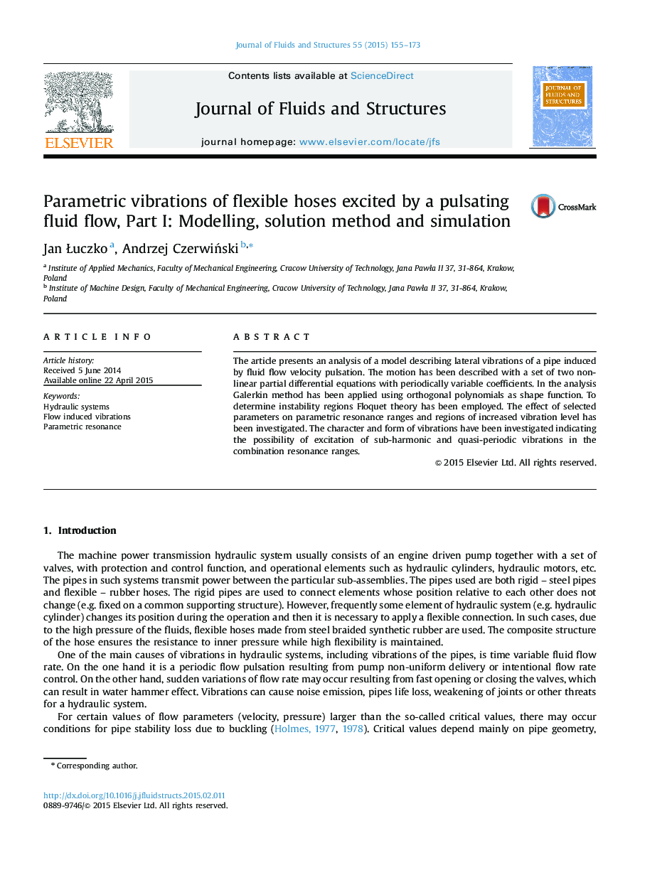 Parametric vibrations of flexible hoses excited by a pulsating fluid flow, Part I: Modelling, solution method and simulation