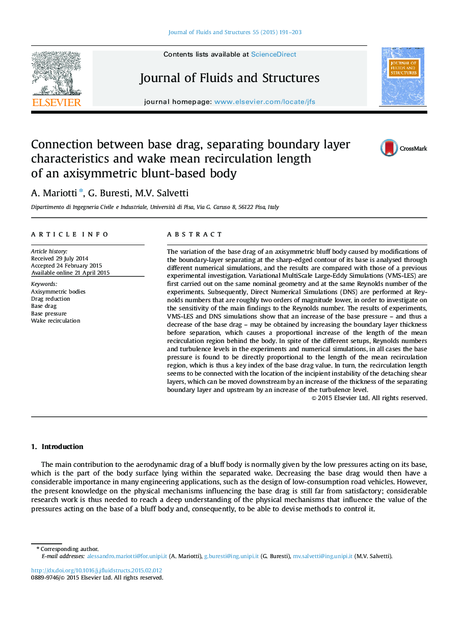 Connection between base drag, separating boundary layer characteristics and wake mean recirculation length of an axisymmetric blunt-based body