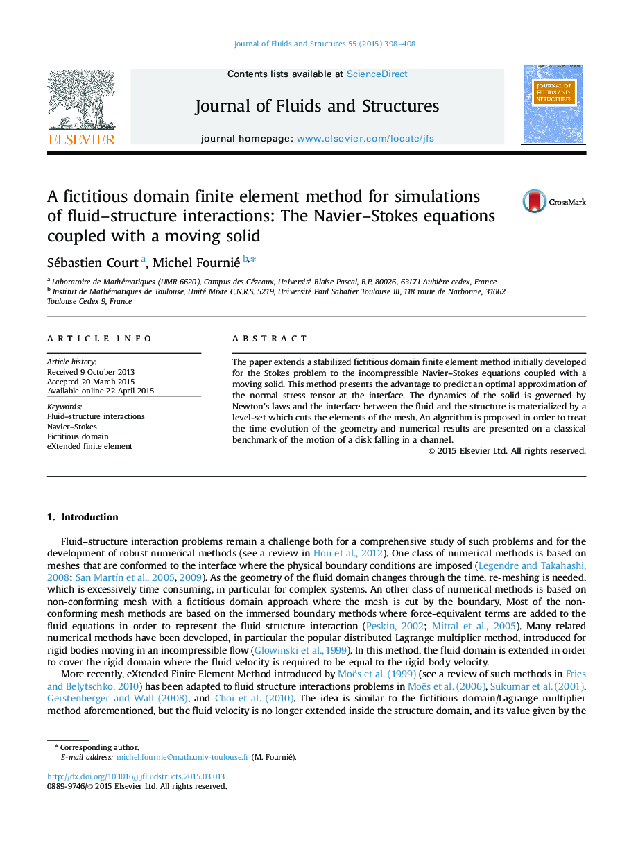 A fictitious domain finite element method for simulations of fluid–structure interactions: The Navier–Stokes equations coupled with a moving solid