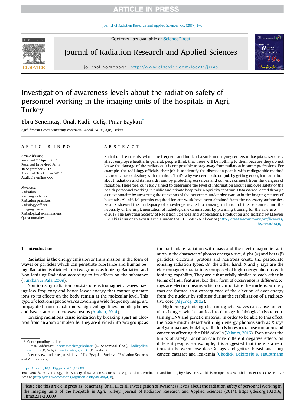 Investigation of awareness levels about the radiation safety of personnel working in the imaging units of the hospitals in Agri, Turkey