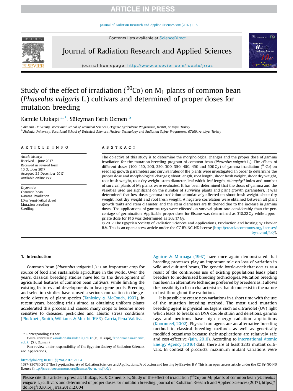 Study of the effect of irradiation (60Co) on M1 plants of common bean (Phaseolus vulgaris L.) cultivars and determined of proper doses for mutation breeding