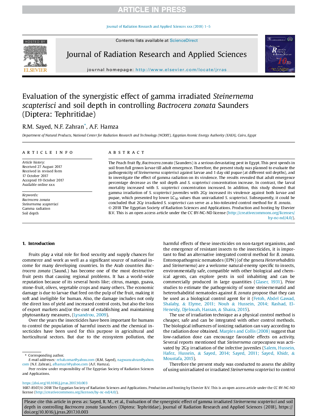 Evaluation of the synergistic effect of gamma irradiated Steinernema scapterisci and soil depth in controlling Bactrocera zonata Saunders (Diptera: Tephritidae)