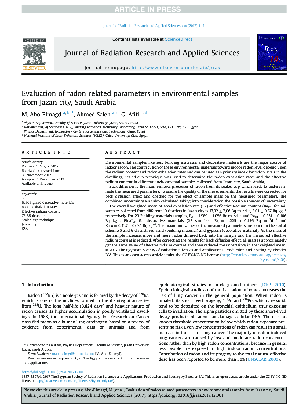 Evaluation of radon related parameters in environmental samples from Jazan city, Saudi Arabia