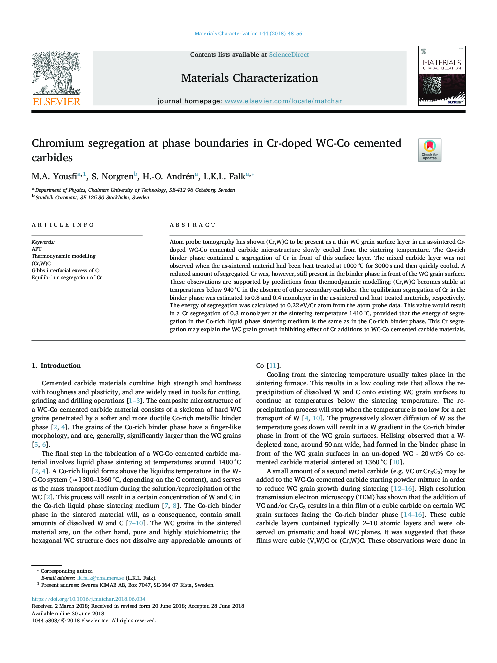 Chromium segregation at phase boundaries in Cr-doped WC-Co cemented carbides