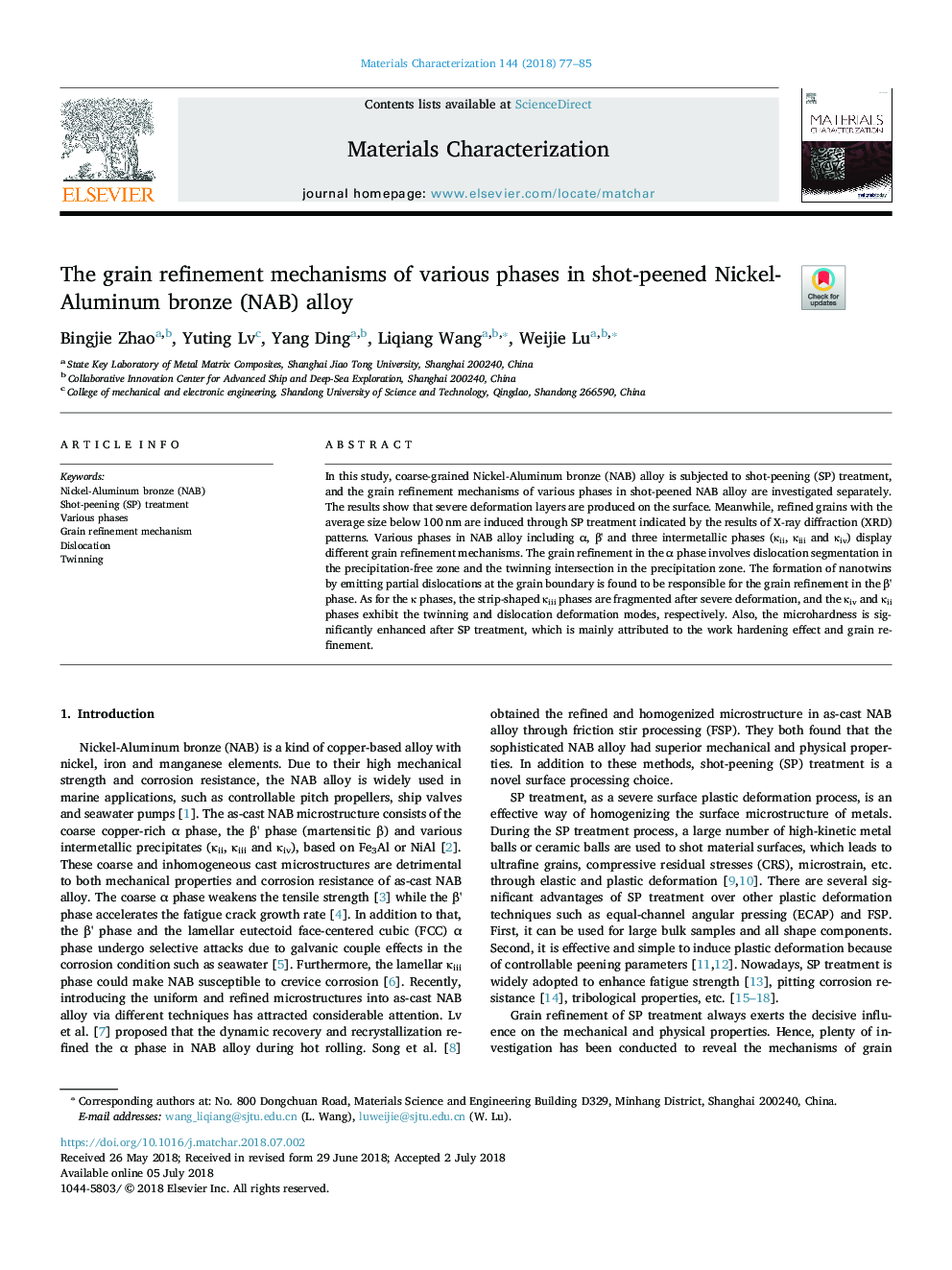 The grain refinement mechanisms of various phases in shot-peened Nickel-Aluminum bronze (NAB) alloy