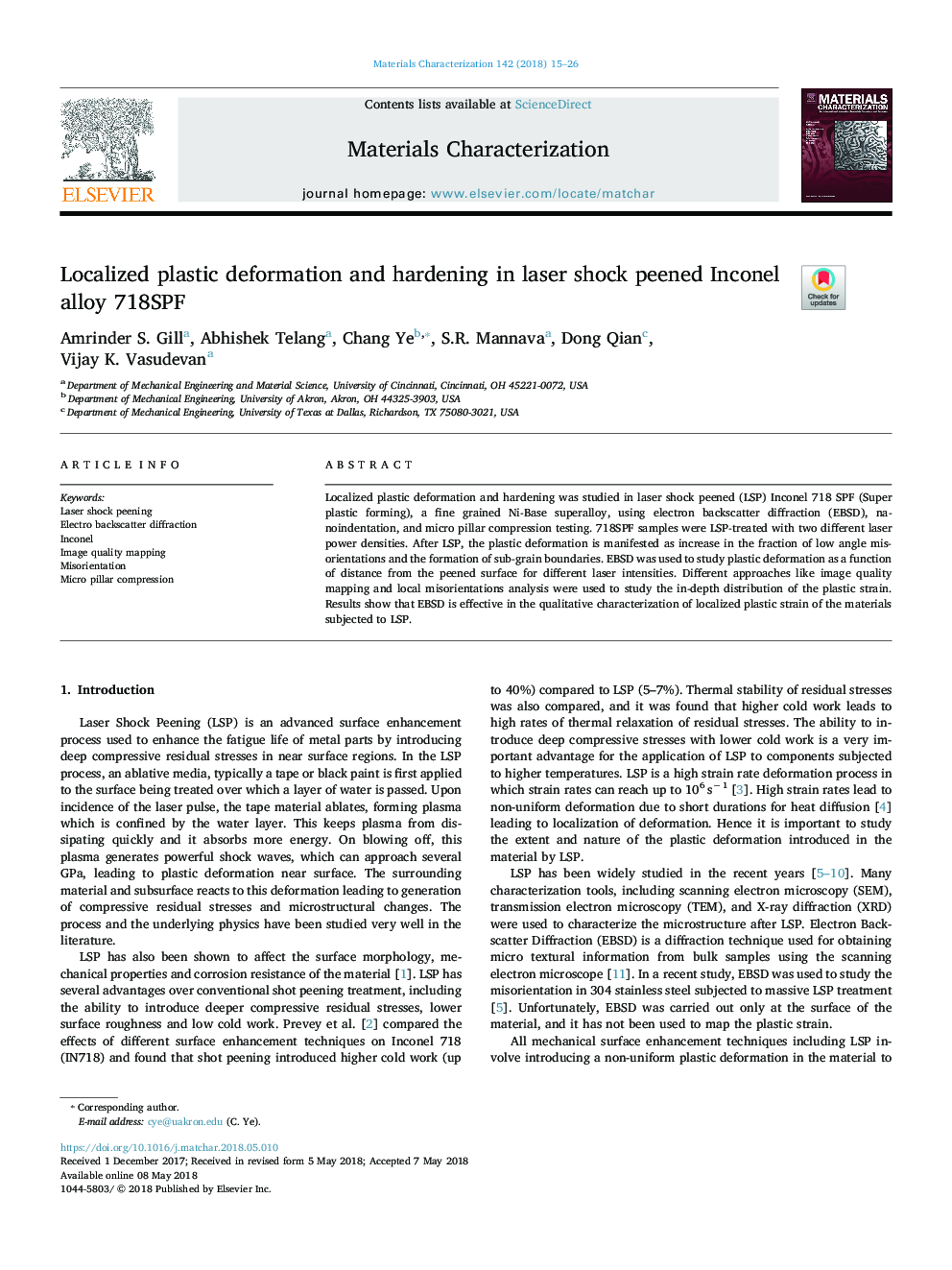 Localized plastic deformation and hardening in laser shock peened Inconel alloy 718SPF