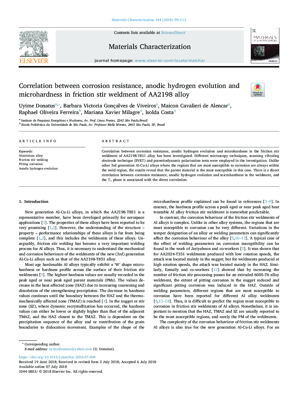 Correlation between corrosion resistance, anodic hydrogen evolution and microhardness in friction stir weldment of AA2198 alloy