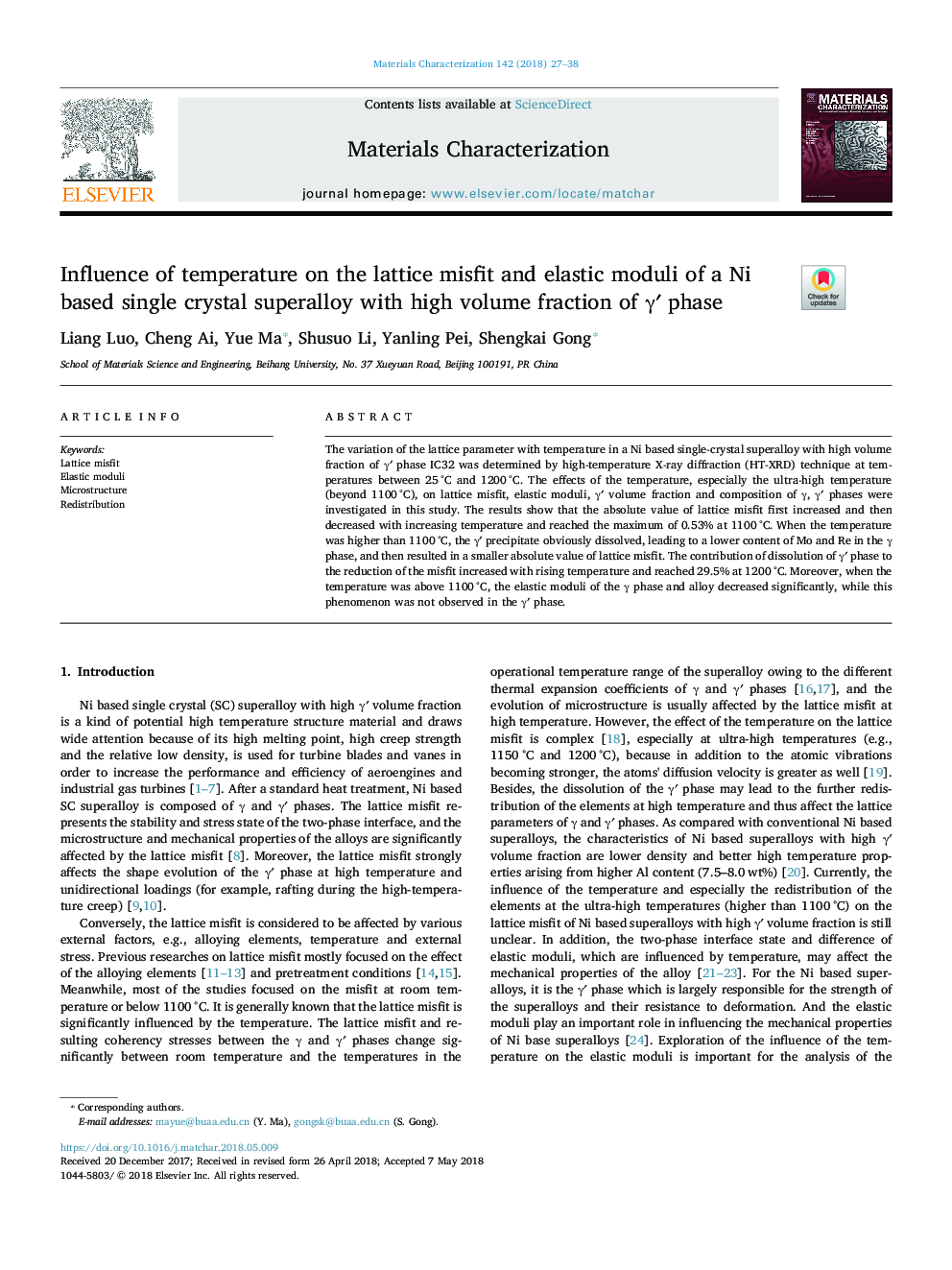 Influence of temperature on the lattice misfit and elastic moduli of a Ni based single crystal superalloy with high volume fraction of Î³â² phase