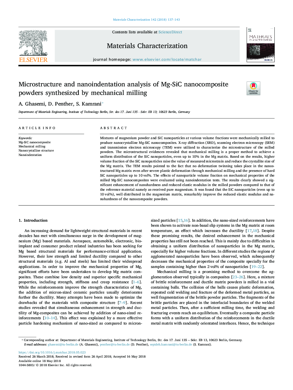 Microstructure and nanoindentation analysis of Mg-SiC nanocomposite powders synthesized by mechanical milling