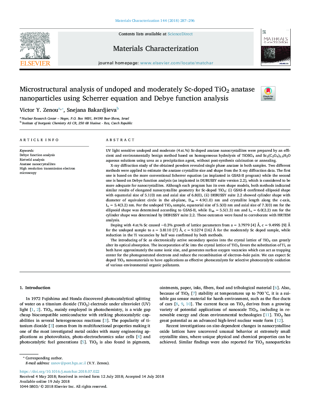 Microstructural analysis of undoped and moderately Sc-doped TiO2 anatase nanoparticles using Scherrer equation and Debye function analysis